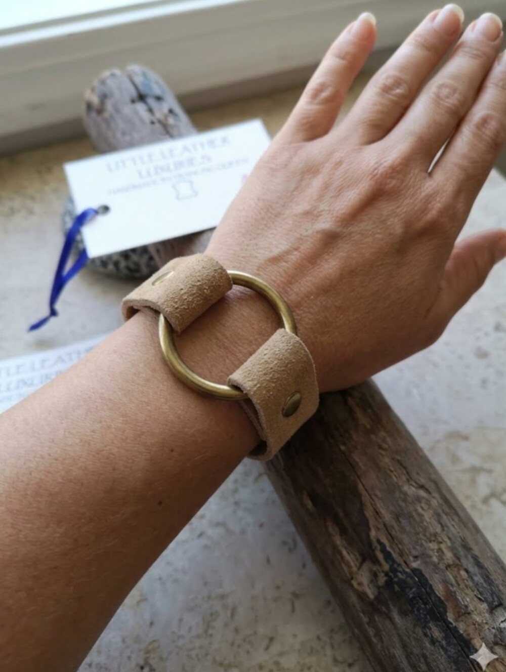 Handmade Genuine Suede Leather Brass Karma Circle Bracelet Brass Tan #01